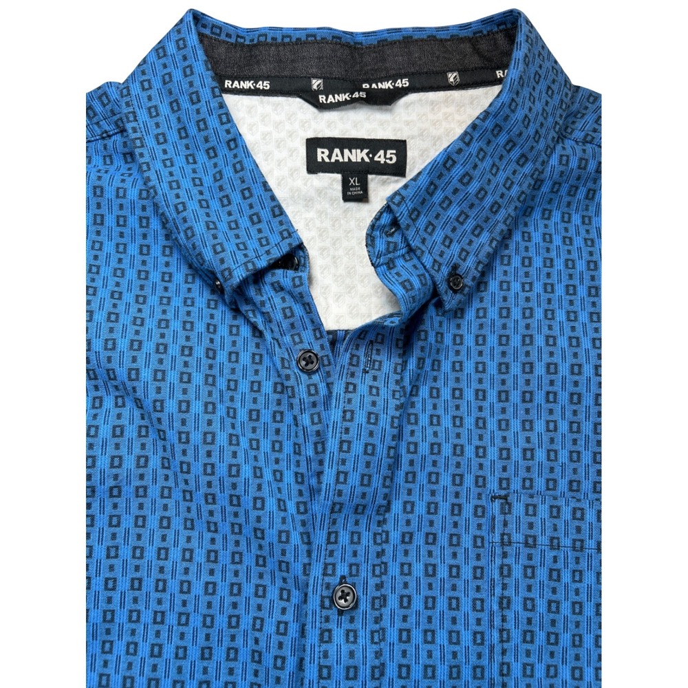 Rank 45 Men XL Blue Geometric Square Print Long Sleeve Button Down Shirt Stretch